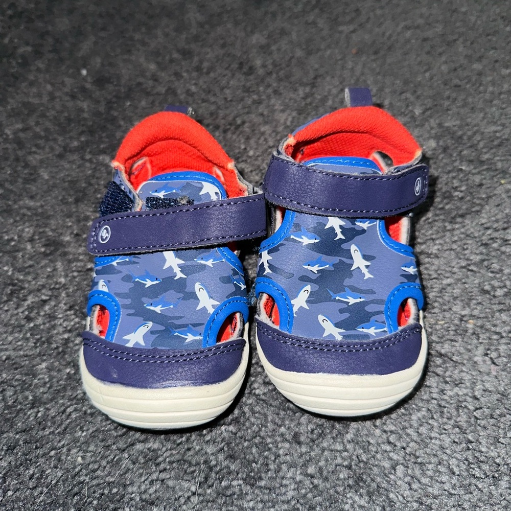 Kids Gently Used Surprize Red White and Blue Shark Sandals - Size 4m.